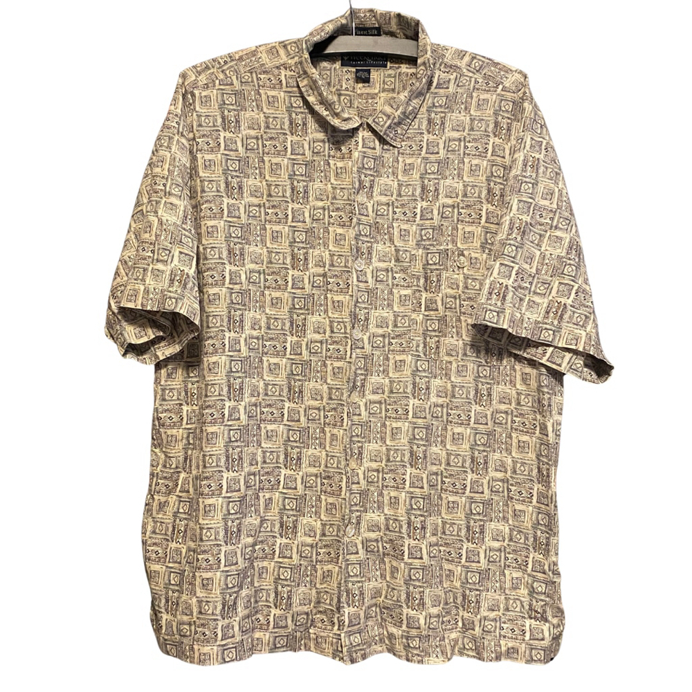 Weekender Silk Aztec Boho Indie Luxury Geometric Button Short Sleeve Shirt Earth